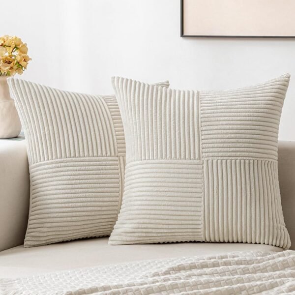 Beige Corduroy Pillow Covers Pack of 2  Decorative Spliced Throw Pillow Covers Soft Solid Couch Pillowcases Cross Patchwork Textured Cushion Covers for Living Room Bed Sofa 18x18 inch