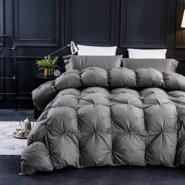 Pinch Pleat Feathers Down Comforter Queen Size Duvet Insert, 750+ Fill Power, 1200TC 100% Cotton Fabric, All Seasons Premium Grey Down Comforter with 8 Tabs.
