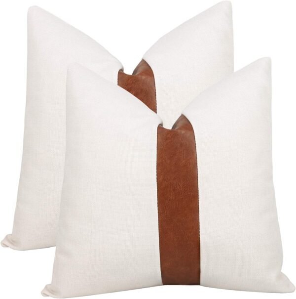Set of 2 White Linen Patchwork Faux Leather Throw Pillow Covers for Couch Living Room Bedroom, Modern Accent Decor Square Covers 16x16 inch, Brown and White