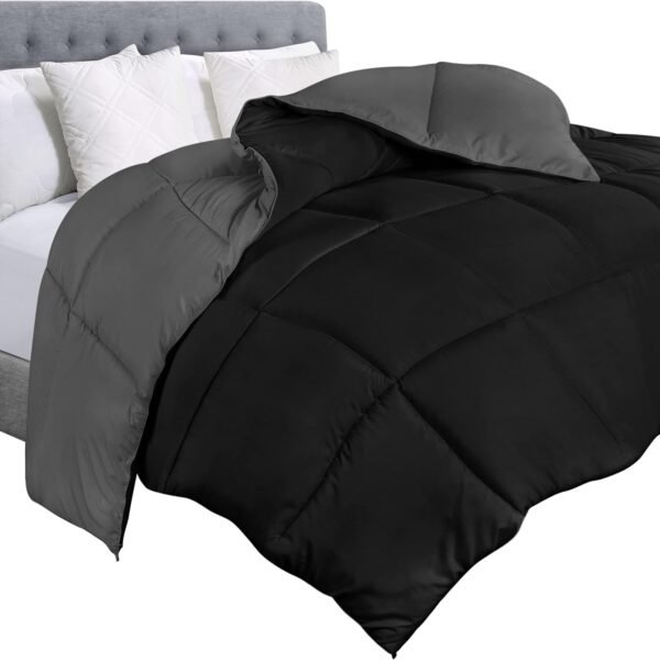 Bedding Comforter Duvet Insert - Quilted Comforter with Corner Tabs - Box Stitched Down Alternative Comforter (Black/Grey, Twin)