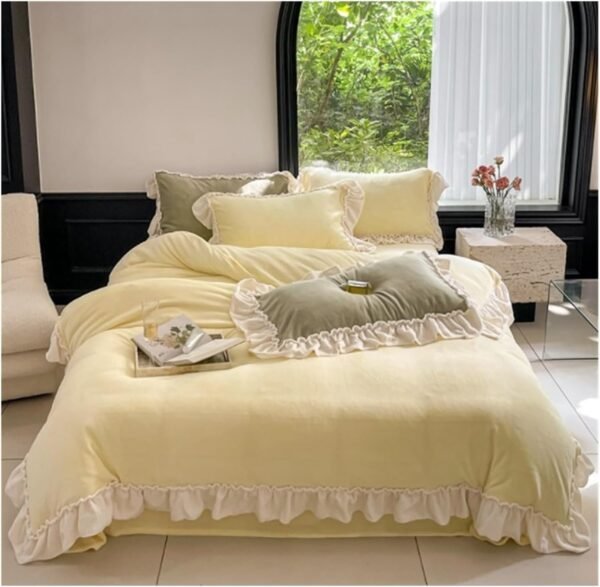Bed Sheet Set Bedding Sheet Set Ruffles Duvet Set 4 Piece Bedding Set Warm Milk Velvet Flat Bed Sheet Quilt Cover Bedset Bed Sheet Beddings(Yellow,1.5m)