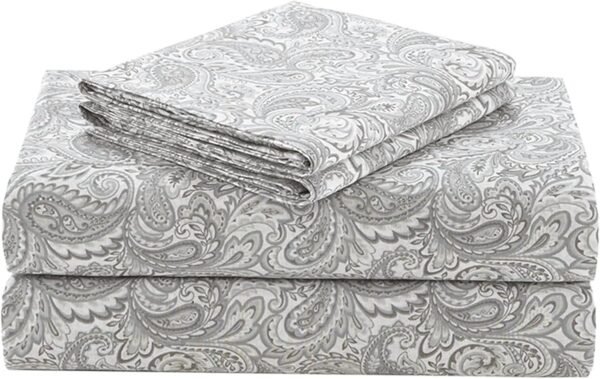 100% Percale 4 Piece Set Ultra Soft Breathable Deep Pocket Printed Paisley Pattern Sheets With Pillow Cases Bedding, Queen, Grey
