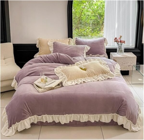 Bed Sheet Set Bedding Sheet Set Ruffles Duvet Set 4 Piece Bedding Set Warm Milk Velvet Flat Bed Sheet Quilt Cover Bedset Bed Sheet Beddings(Purple,1.5m)