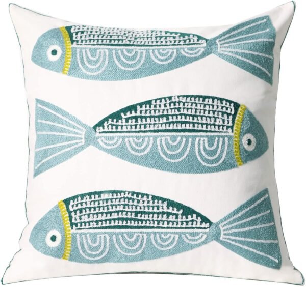 1 PCS Embroidered Throw Pillow Cover Cotton Decorative Square Cushion Cases for Home Sofa Bed and Chair 18 x 18 Inch (Blue Fish)