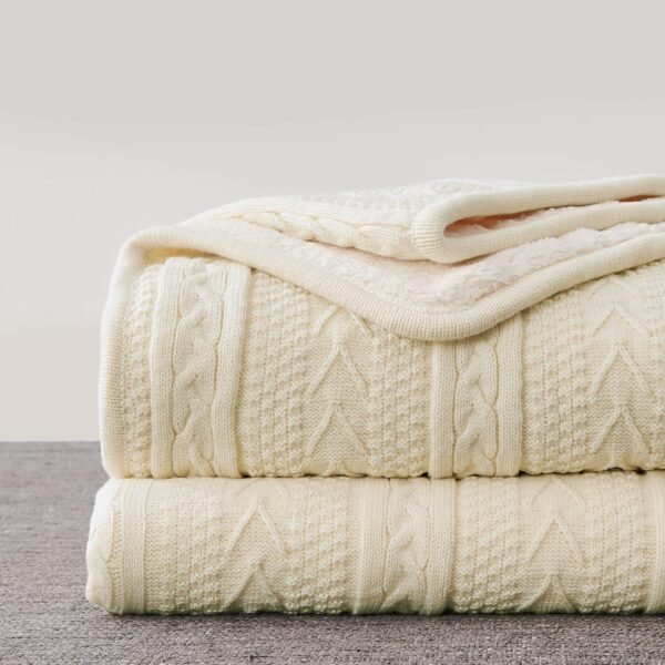 bedding Cream 50 x 63 Inches Acrylic Cable Knit  Throw Blanket - Thick, Soft, Big, Cozy Beige Knitted Fleece Blankets for Couch, Sofa, Bed - Large Coverlet All Season